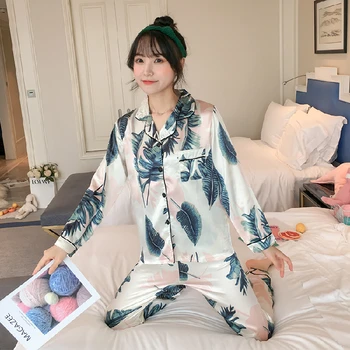 

Women Pajama Sets Silk Satin Pijama Turn-down Collar Sleepwear Lady Long Sleeve Spring Nightwear Femme 2 Pieces Sets Homewear