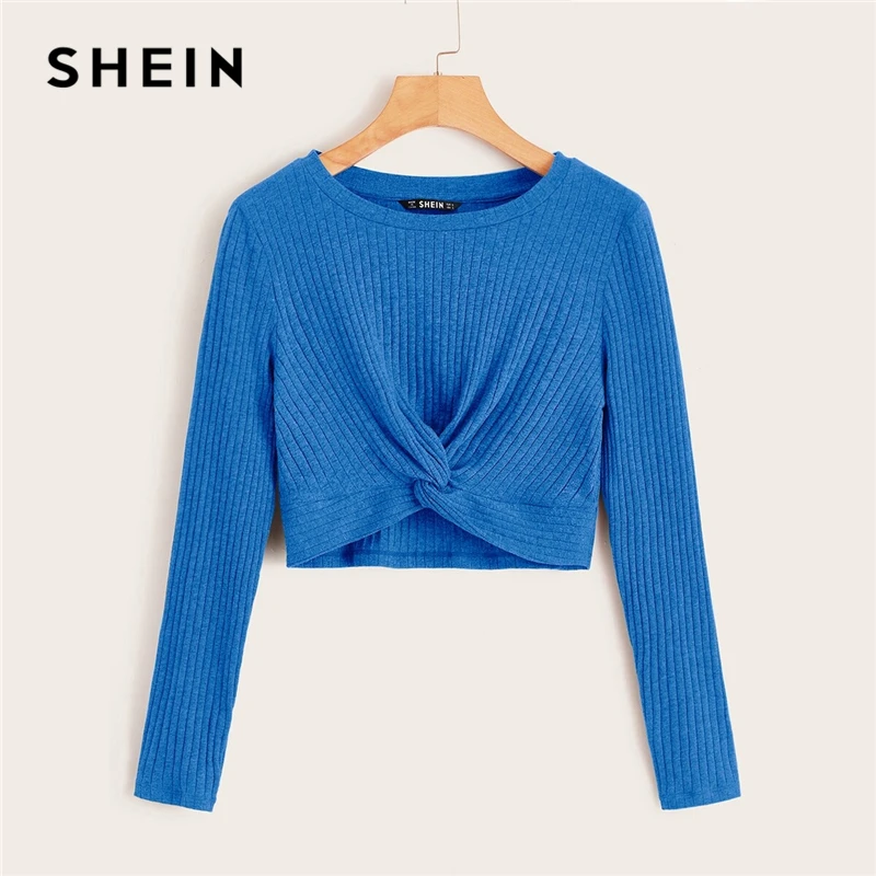SHEIN однотонная трикотажная укороченная футболка с длинными рукавами и круглым вырезом на осень-зиму, повседневная Милая футболка