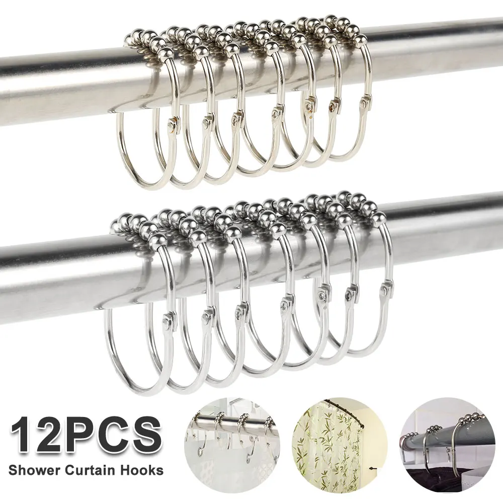 12Pcs Iron Shower Curtain Rings Hooks Rustproof for Bathroom Rods Curtains 