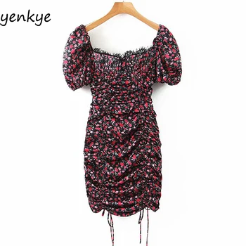 

Sexy Drawstring Draped Bodycon Mini Dress Women Vintage Floral Print Chiffon Summer Dress Romantic Lace Trims Party vestidos