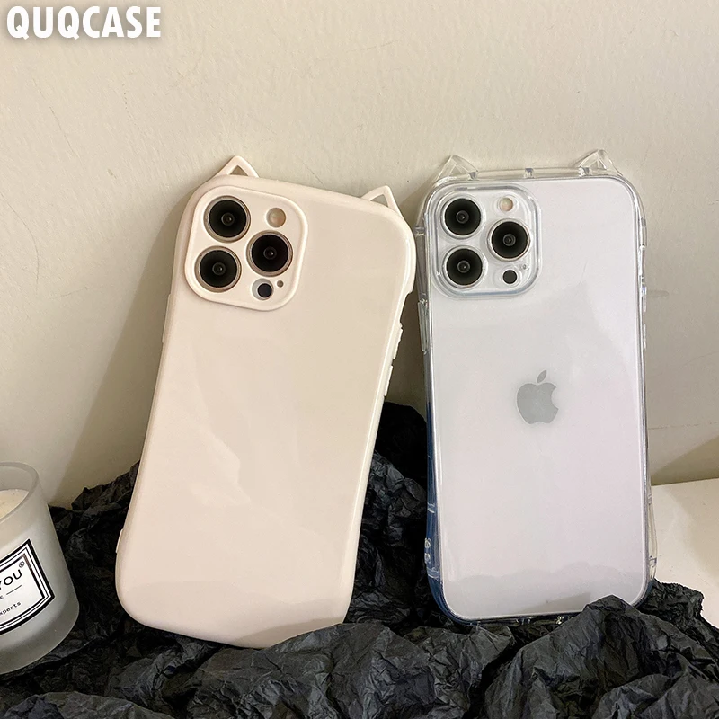 Cute Cartoon Cat Ear Pear Bumper Case For iPhone 14 15 Pro Max 12 11 13