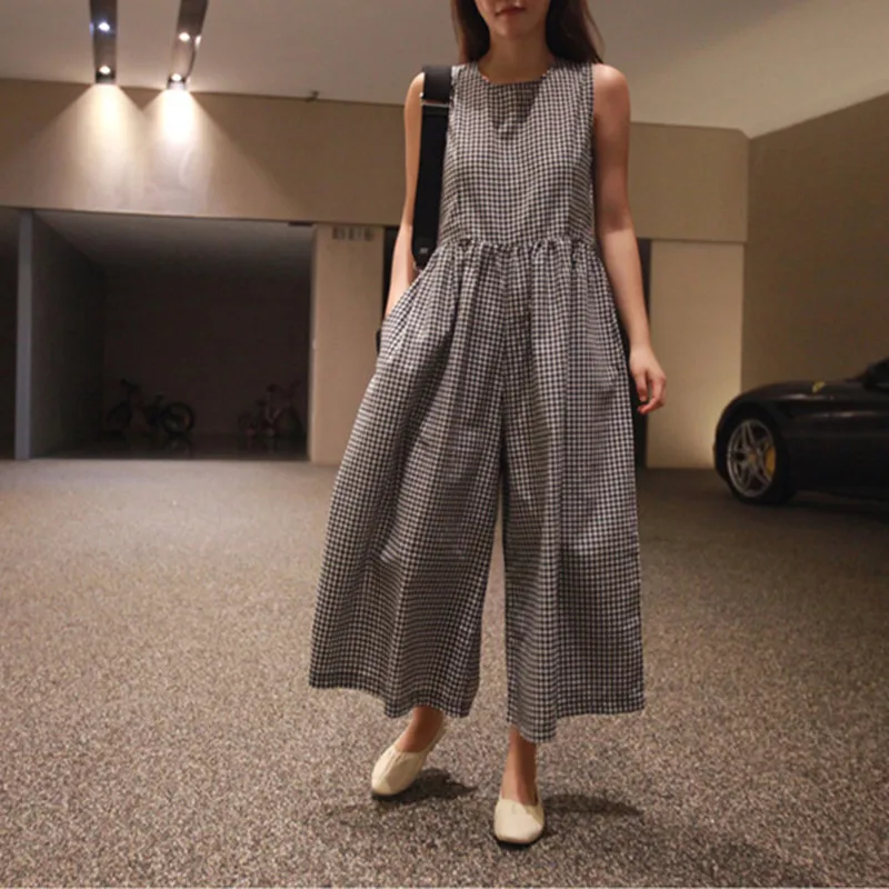 Johnature New Casual Japanese Plus Size Linen Sleeveless Ankle-length Women Jumpsuits 2020 Summer 3 Colors Pockets Playsuits