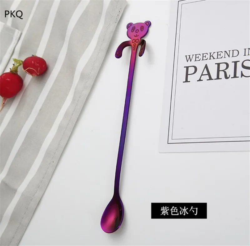 Cute bear spoon long handle stainless steel spoon Ice Stirring coffee Spoon drinkware kitchen gadgets - Цвет: Фиолетовый