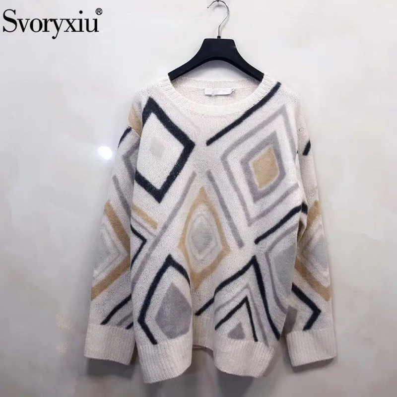 

Svoryxiu 2019 Runway Wool Cashmere Knitting Pullovers Women's Fashion Argyle Plaid Long Sleeve Autumn Winter High End Sweater