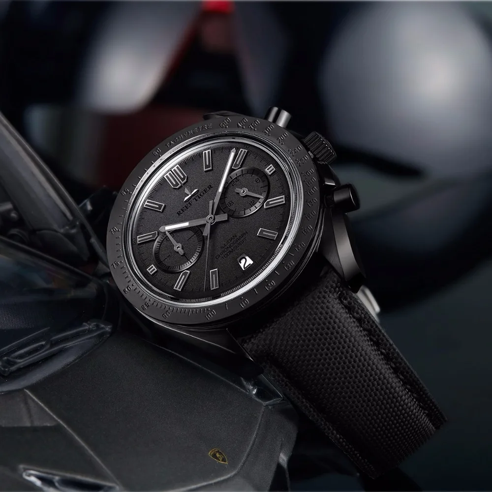 Reef Tiger/RT мужские дизайнерские часы с хронографом и нейлоновым ремешком, светящиеся спортивные часы, мужские черные часы пилота RGA3033