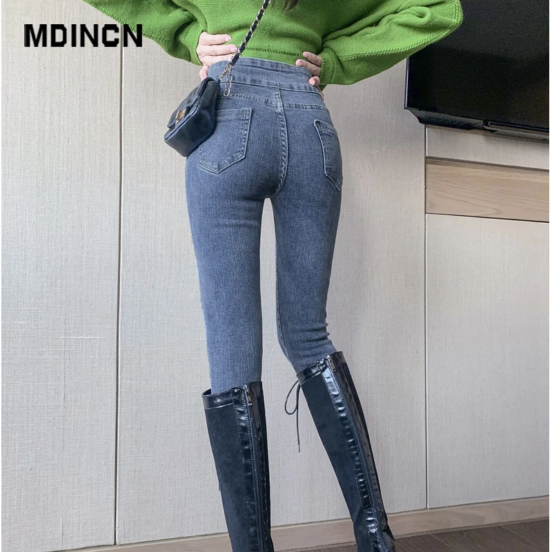 MDINCN, новинка, зимние, высокие, эластичные, стройнящие, высокая талия, джинсовые брюки плюс бархат, уплотненные, джинсовые, узкие брюки для женщин