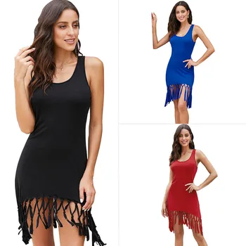 

Madam clothing OWLPRINCESS Square Collar Sleeveless Hem Tassels Vest Style Solid Color Sexy Dress