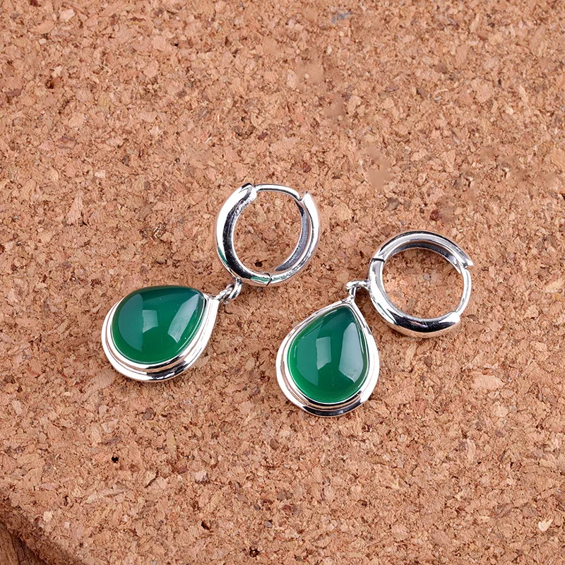 100% 925 Sterling Silver retro Feng Shui drop shaped green jade earrings