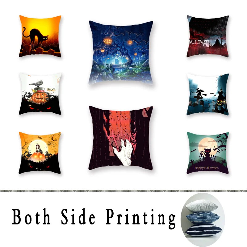 

Halloween Carnival Double-Sided Polyester Fluffy Pillowcase Pumpkin Black Cat Bat Print Sofa Decorative Cushion Cover