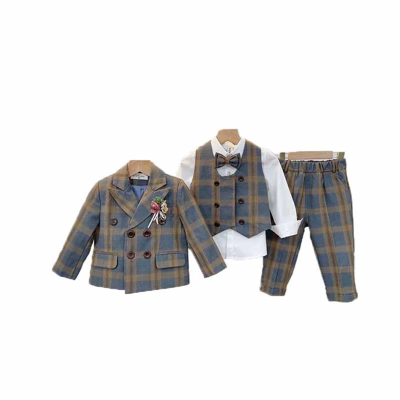 Spring Autumn Child Striped Suit Set Boy Handsome Party  Piano Wedding Performance Costume Kids Blazer Vest Pants 3pcs Outfit