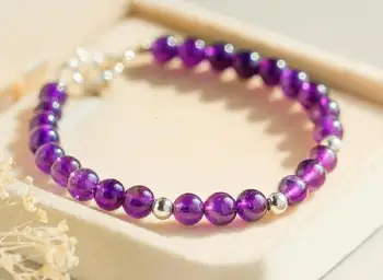 

Real. 100% 925 Sterling Silver Jewelry 6.5MM Natural Purple Amethyst Stone &Bead Bracelet Charms length 15.5cm GTLS404