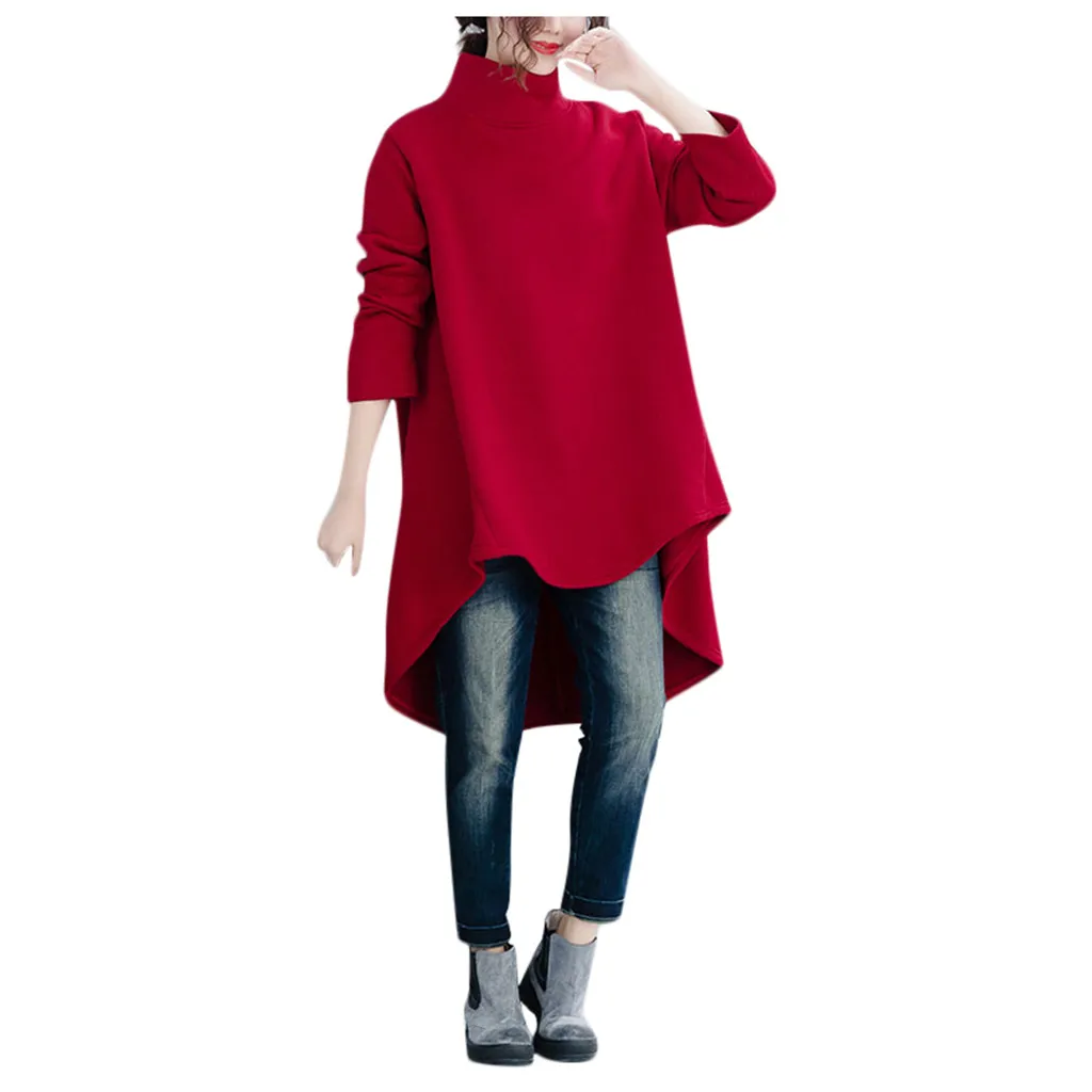 Long Sleeve High Neck Sweatshirt Blouse Irregular Lower Hem Plus Size Tops толстовка hoodies худи sweatshirt толстовка женская