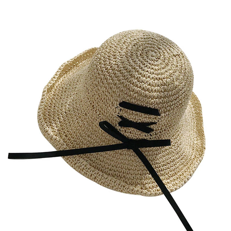 New Women Summer Sun Straw Raffia Hat Wide Brim Beach Hats Girl Outside Travel Straw Cap Casual Bow Hat