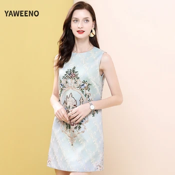 

Yaweenon 2020 Runway Fashion Summer Dress Women's Vintage Printed luxury Beading High-Quality Party A line Vest Mini Dresses