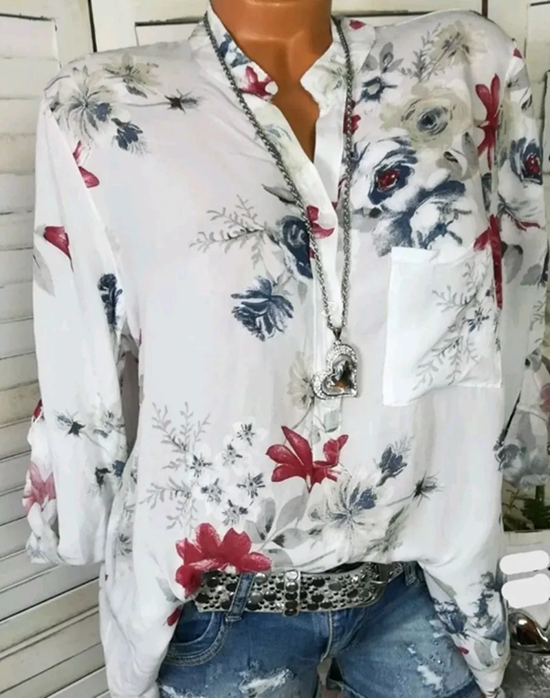 Красивые летние женские рубашки 5XL размера плюс с цветочным принтом из шифона с длинным рукавом и v-образным вырезом, повседневные рубашки больших размеров, Свободные повседневные Шифоновые Топы