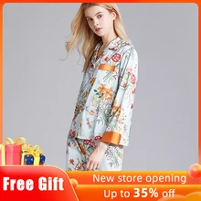 

XIKUO Ice Silk Pajamas Ladies Summer Thin Silk Printing Long-sleeved Home Service Suit Simple Comfortable Factory Wholesale