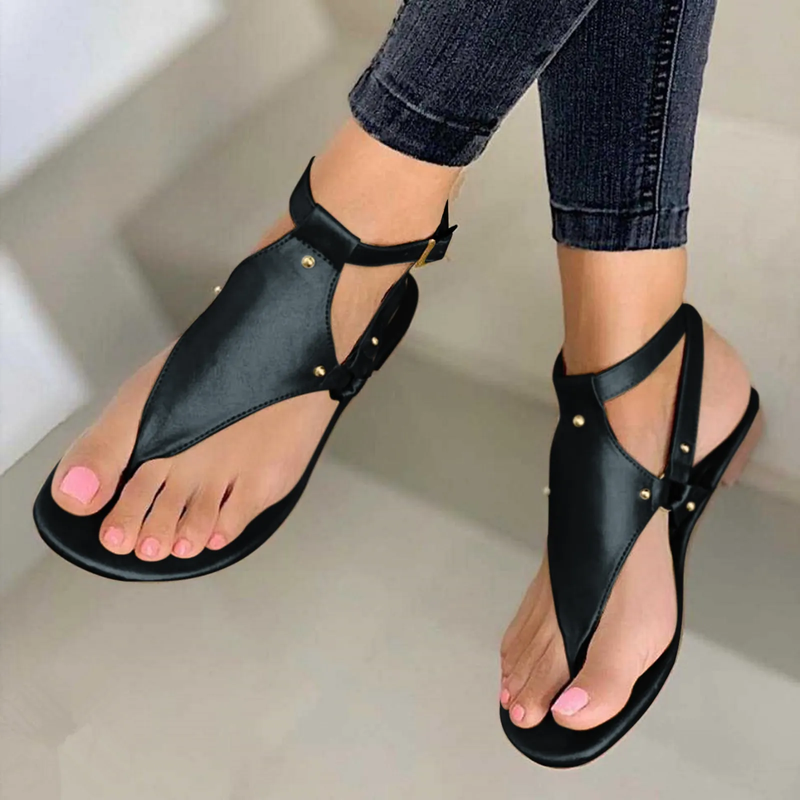 Sandals for Women Summer Casual Style Rhinestone Flat Set with Strap Open Toe Flip-Flop Breathable Slim Roman Shoes 