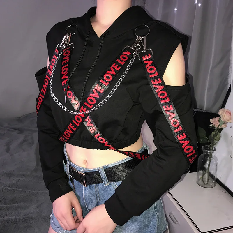 

Gothic Black Women Hooded Long Sleeve Hollow Out Splcie Letter Printing Ribbon Crop Tops Goth Female Dark Loose Short Hoodies