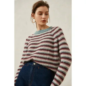 

CAMIA Woman mohair sweater striped color matching round neck knit sweater ropa mujer