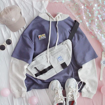 

Women Fake two Piece Hoodie Sweatshirt Girls Sweet Hooded Loose Ins Student Harajuku Casual Color matching Pullover Tops Korean