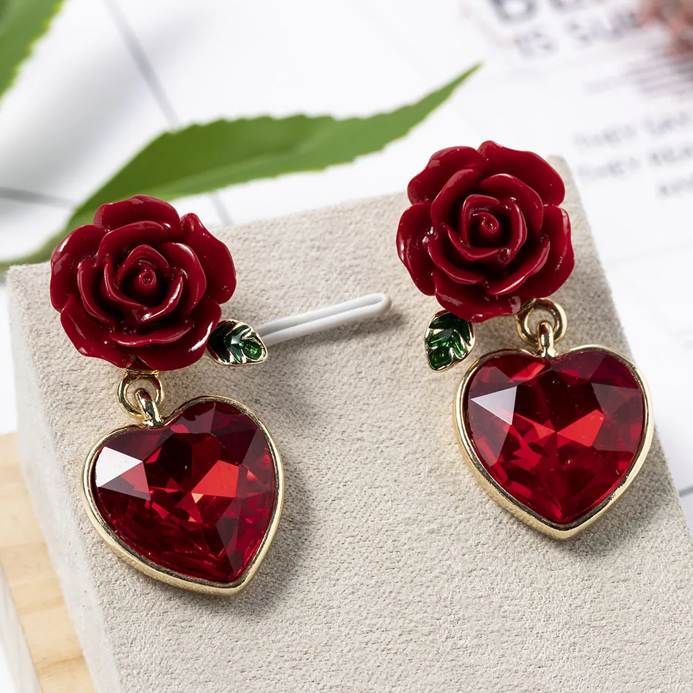Fashion Jewelry Elegant New Arrival Red Color Rose Design Creative Lovely Memorable Heart Pendant Earring