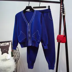 Осенне-зимний спортивный костюм женский комплект 2 шт. синий вязаный свитер с длинными рукавами на молнии топы + брюки-карандаш с эластичной