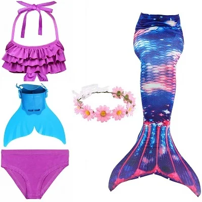 Blue 41 set 1 Детский купальный костюм с хвостом русалки для девочек, купальный костюм русалки, купальный костюм, можно добавить монофонический плавник, очки с гирляндой - Цвет: Blue 41 set 1