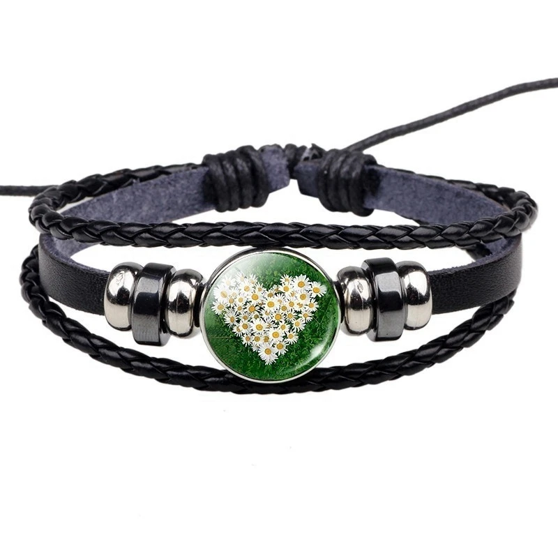 Leather Bracelet Charm Bracelet Lucky Grass Clover Leaf Jewelry Gift For Women Men