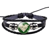 Lucky grass Black Leather Bracelet Irish Pride Clover Leaf Jewelry Charm Bracelet Gift for Women Men Shamrock Bangle
