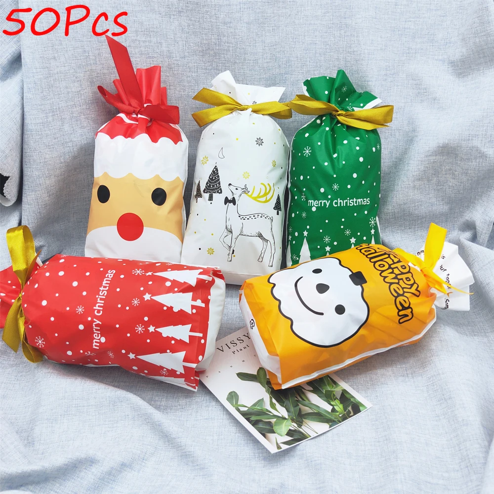 50 шт./компл. Санта Клаус Xmas держатели для подарков на Рождество мешок с персонажем из мультфильмов высокого качества шнурок лося подарок пакет для конфет