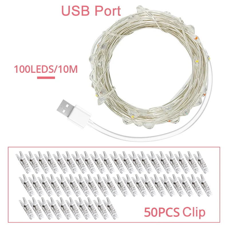 2 м/5 м/10 м зажим для фото USB светодиодный светильник s Сказочный светильник s наружная гирлянда на батарейках Рождественское украшение вечерние светильник для свадьбы - Испускаемый цвет: USB 10M 100LEDs