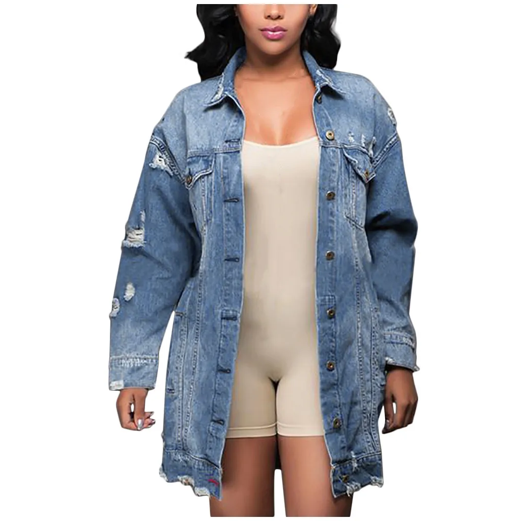 Fashion Women's Ripped Denim Jacket Autumn Multi-pocket Long Sleeve Mid-length Jean Jacket Hip-hop Women's Coat Streetwear#fs 2
