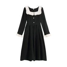 

Vintage Fashion Spring Autumn Women dress Hepburn Ruffle Slim Square Collar Black Long dresses female bing 2021 NEW French style