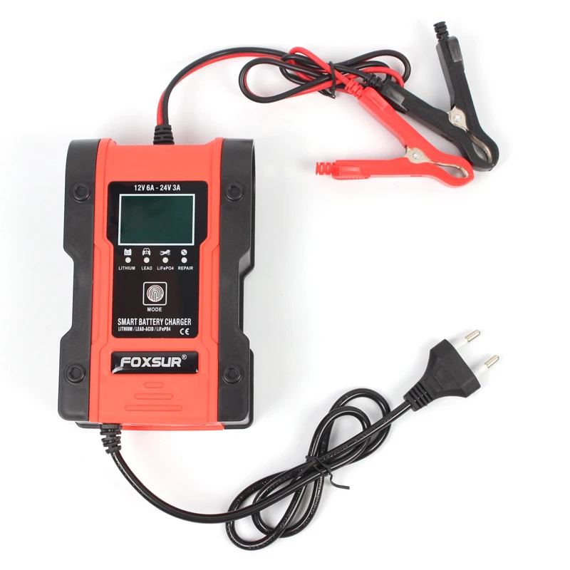 Carregador de Bateria Mantenedor da Bateria Desulfador da Bateria Gel de Lítio Foxsur Carregador Inteligente Totalmente Automático 12v 24v Agm Molhado 6a - Image 6