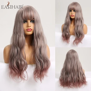 

EASIHAIR Long Body Wave Synthetic Wigs For Women Grey to Purple Ombre Fake Hair Cosplay Wigs with Bangs Heat Resistant Wigs