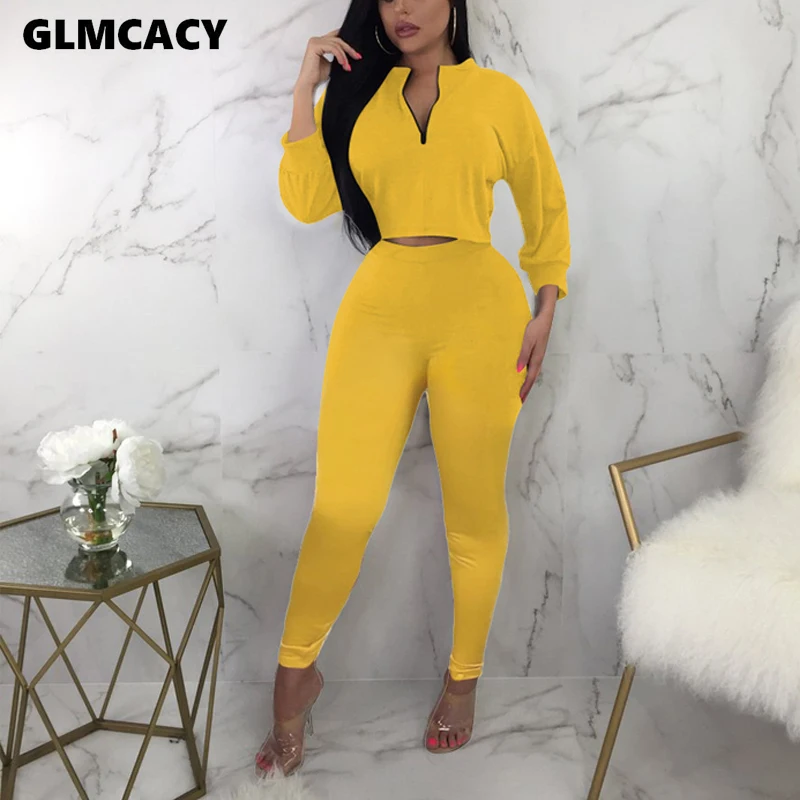 

Women Casual O-neck Zipper Solid Women Sets Autumn Streetwear Short Top and Ankle-length Pants Two Pieces