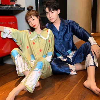 

Women's pajamas Couple Long Sleeved Cardigan Turndown Collar Silk Tracksuit Set His-and-hers Clothes Unisex Look sleepwear