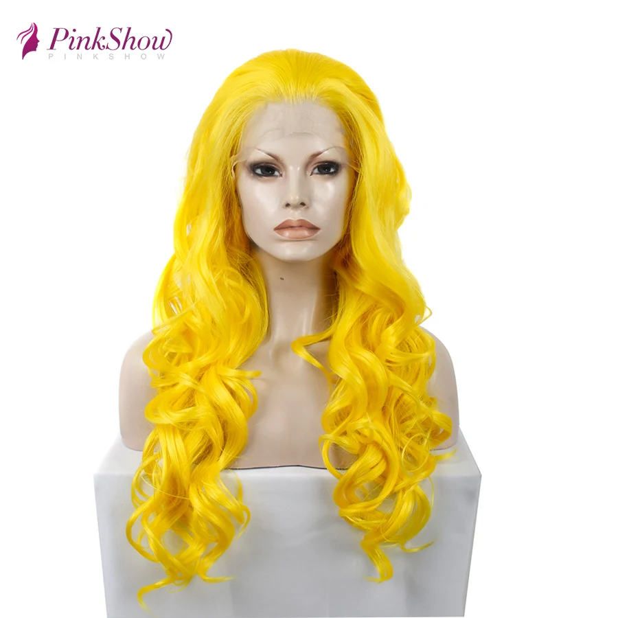 Pinkshow желтый парик длинные волнистые синтетические кружевные передние парики для женщин термостойкие волокна Glueless косплей парик