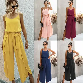 

Hot sale 2020 fashion V-neck shoulder strap wide leg side fork women's bodysuit casual thin pants women's work clothes