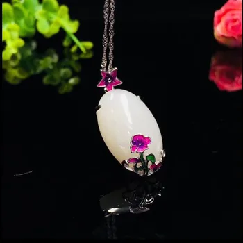 

Natural 925 Silver White Hetian Jade Inlaid Blooming flower Pendant Necklace For Women Fashion Charm Jewelry