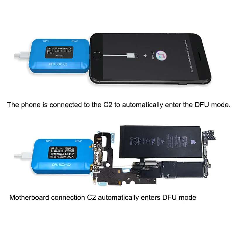 JC DFU BOX C2 для восстановления перезагрузки восстановление IOS Перезагрузка мгновенно SN ECID Модель информация считывание USB Отображение напряжения тока