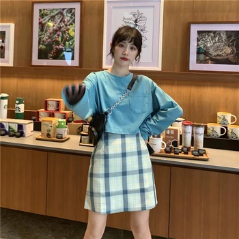 

Summer Women's Two-piece Suit, New High-waisted Thin Checkered A-line Package Hip Skirt, Female Fashion Two-piece Suit PL252