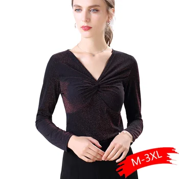 

New bright silk V-neck sweatshirt fashion versatile Slim women's top clothes femme long sleeve tops autumn