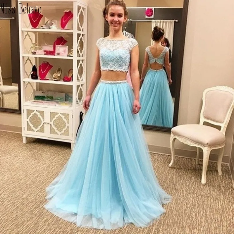 

DD JYOY Two Pieces Long Evening Dress 2020 Two Pieces A Line Long Prom Dress Party Gown Lace Body Open Back