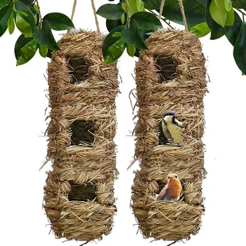 

Hanging Grass Bird Hut with 3 Holes of Hand-Woven Nest Aviary, Comfortable Outdoor Habitat for Birds 2 Packs