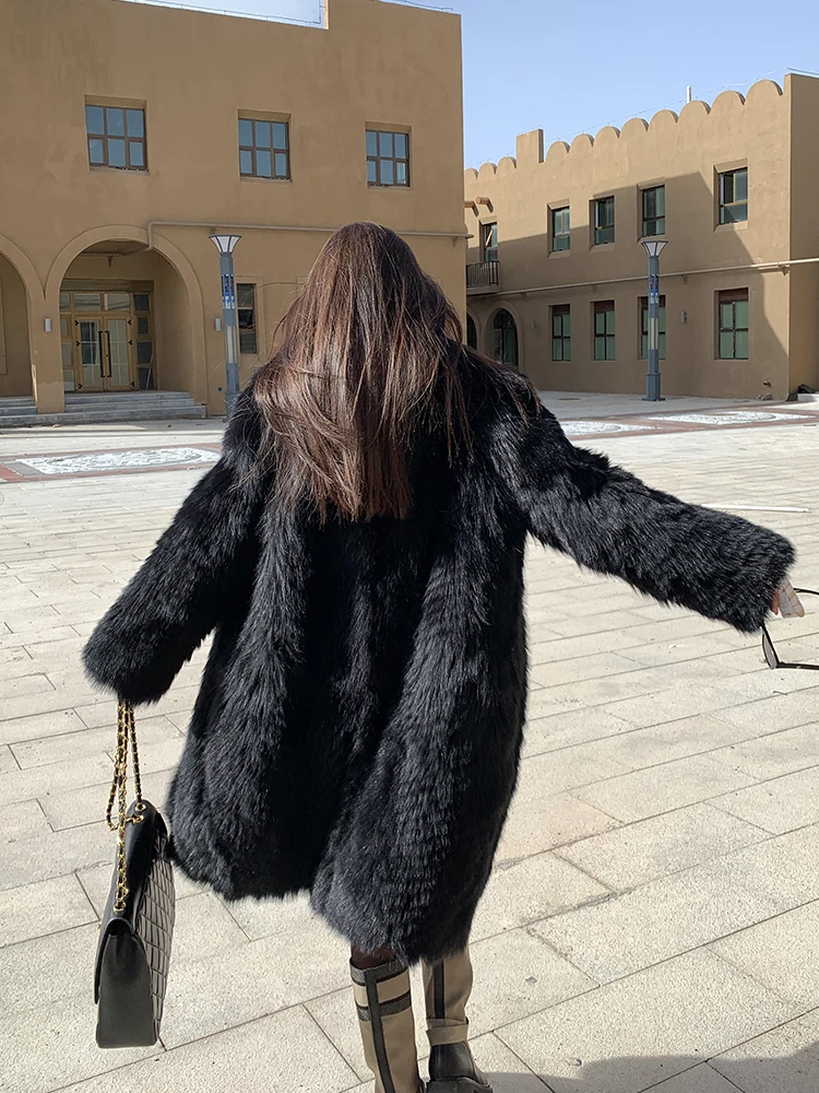 2022 Winter New Woman Natural Fox Fur Long Coat V-neck Fashion Black Women Genuine Leather Fox Fur Long Coats Outwear Female