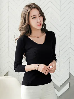 

New Pattern v-neck Solid 2020Utumn Winter Sweater Pullover Women Female Knitted Sweater Slim Long Sleeve Woman Sweaters