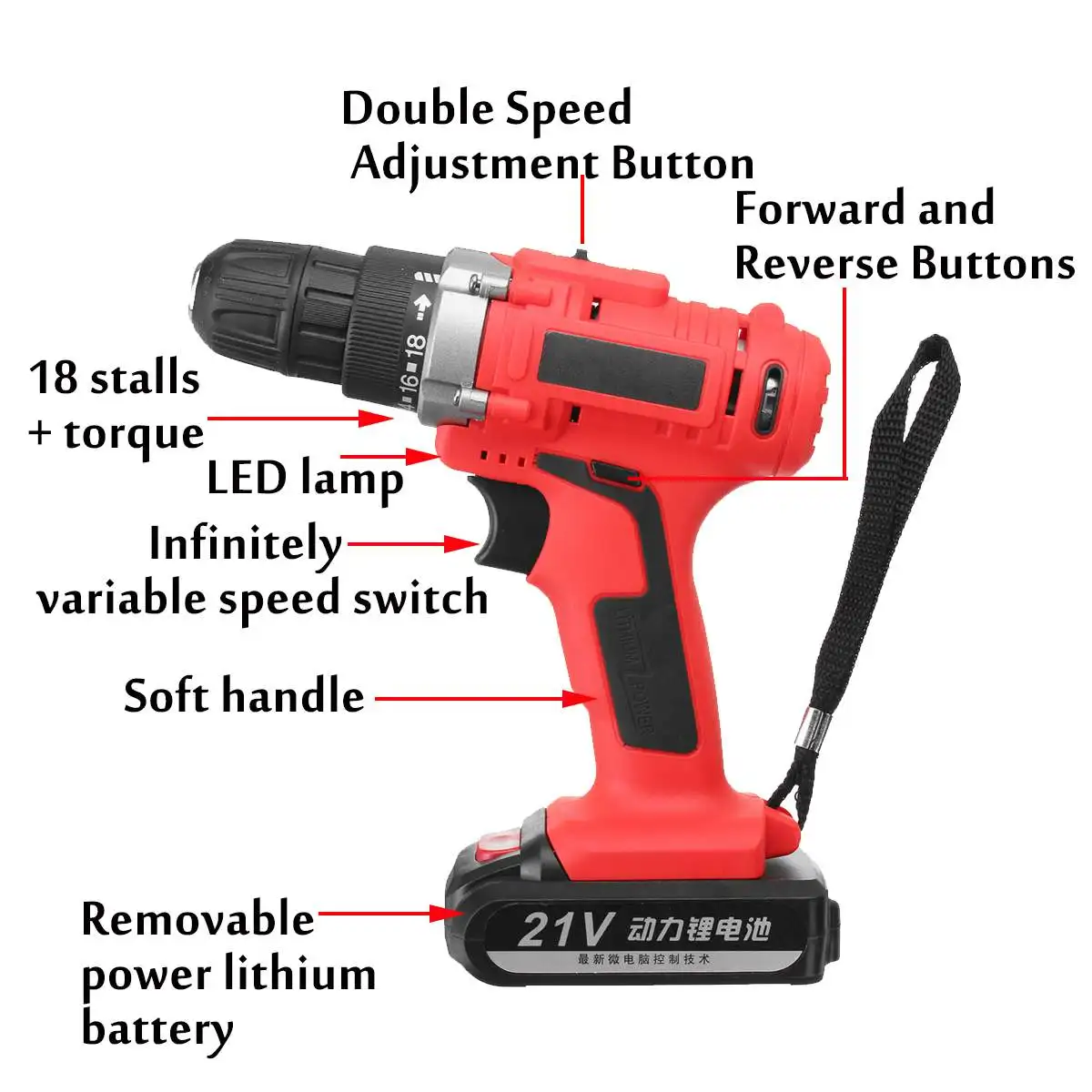Drillpro 21V 300W перезаряжаемая многофункциональная электрическая ручная дрель литиевая электрическая дрель W/светодиодный Электроинструмент деревообрабатывающий