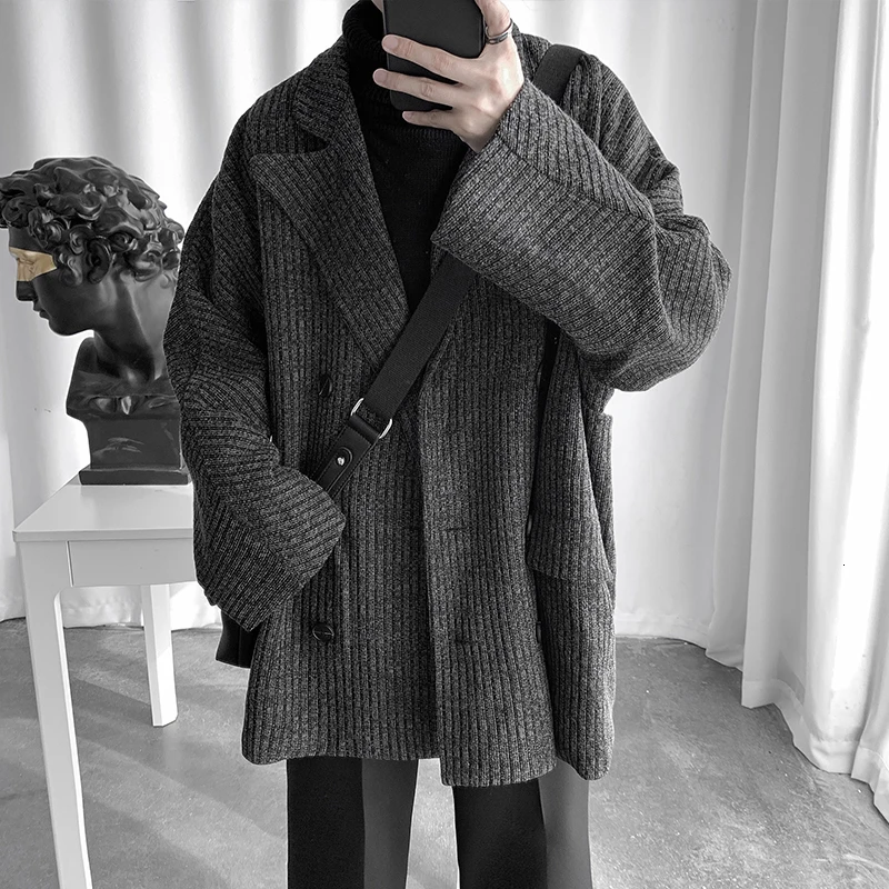 Dark grey EWQ/ Новое модное осеннее двубортное пальто в полоску с воротником для мужчин, свободное повседневное корейское пальто Erkek mon Tide 9A159 - Цвет: Dark grey