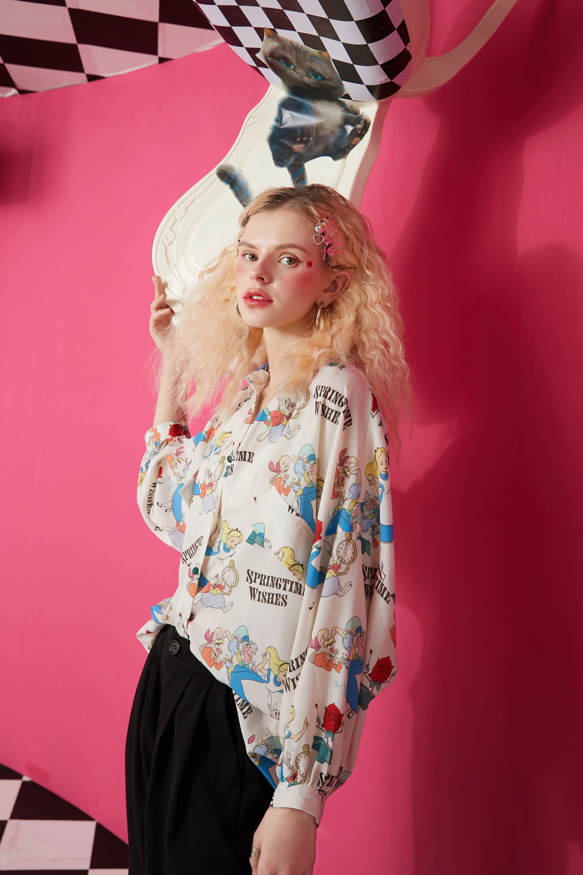 Impressão dos Desenhos Elfsack Harajuku Animados Único Breasted Casual Camisa Feminina 2021 Primavera Vintage Arcos Gravata Manga Cheia Ladeis Diário Topo 6 Moda Feminina